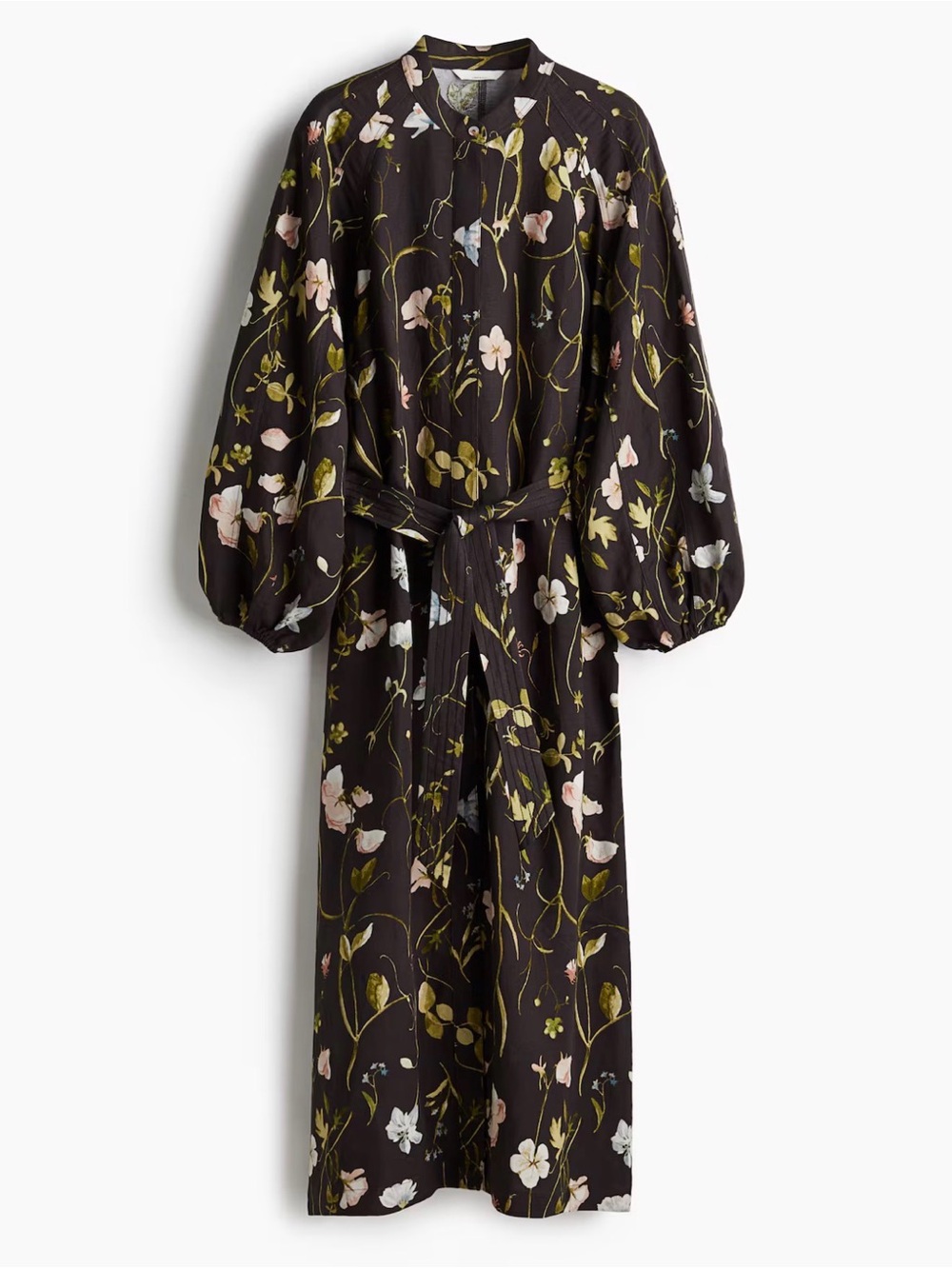 NWT H&M Black Floral Linen-Blend Tie-Belt Maxi Dress Size M